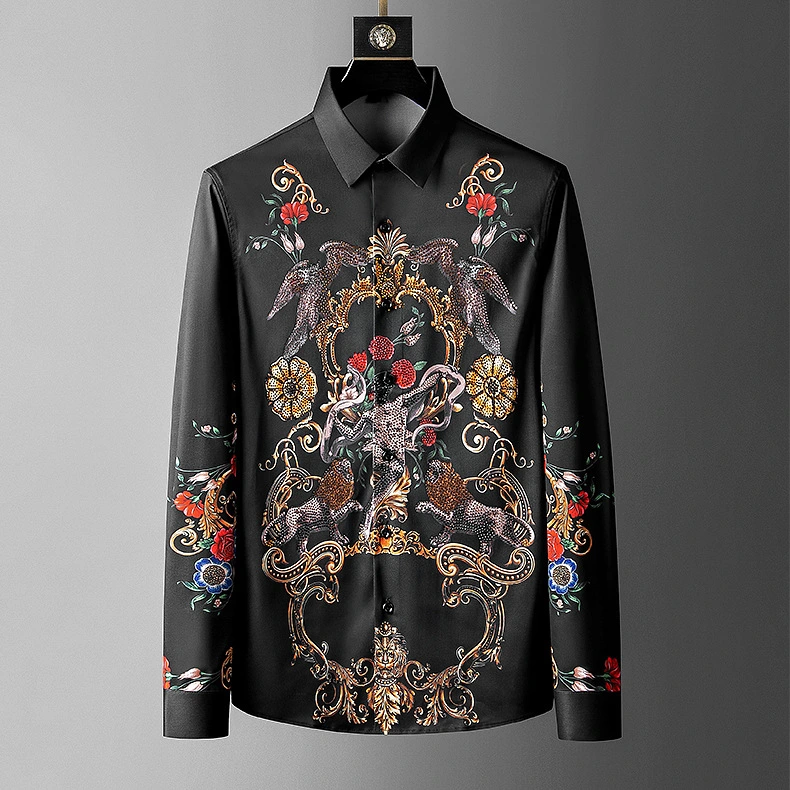 Hot Rhinestone Shirt Long Sleeve Slim Non-iron Men's