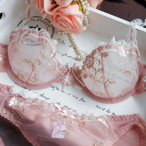 Ultra-Thin Cup Bra Xianmei Lotus Root Pink Embroidery New Sexy Transparent Bra Set