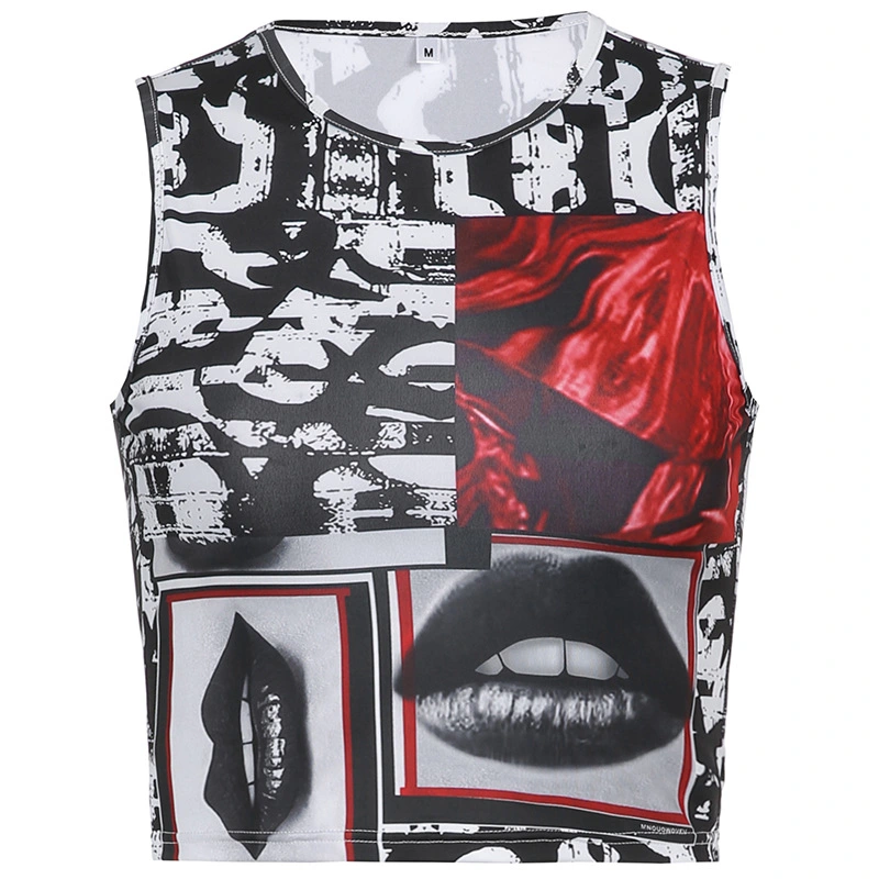 Fashion Abstract Printed Round Neck Sleeveless Slim Tank Top