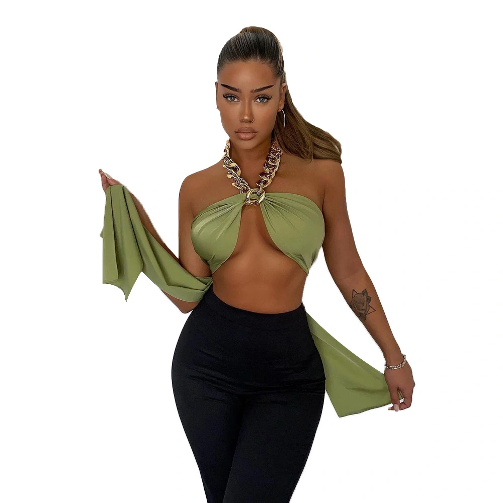  Spring And Summer New Product Metal Chain Sexy Wrapped Chest Strap Halterneck Top Women