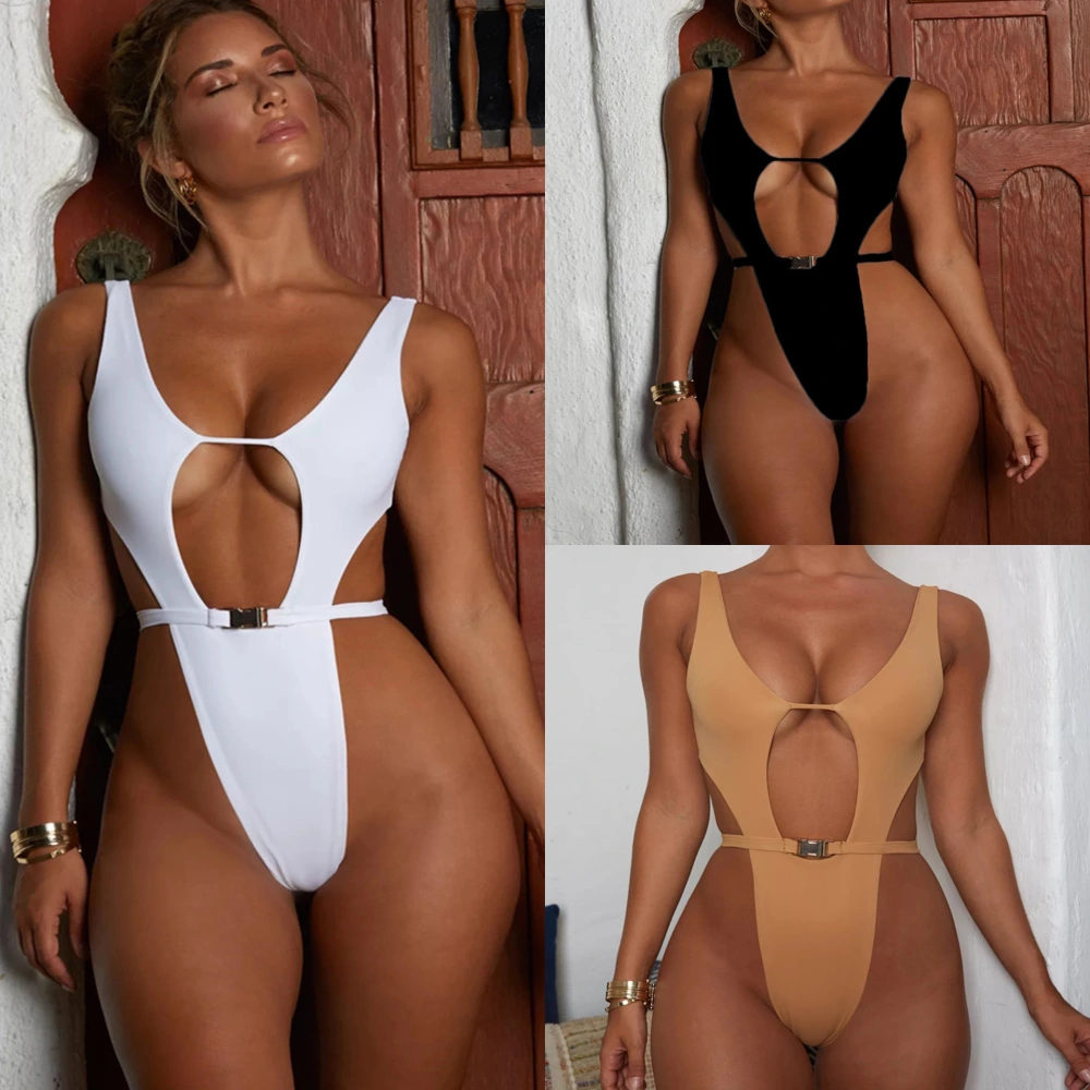 One-piece buckle plain swimsuit