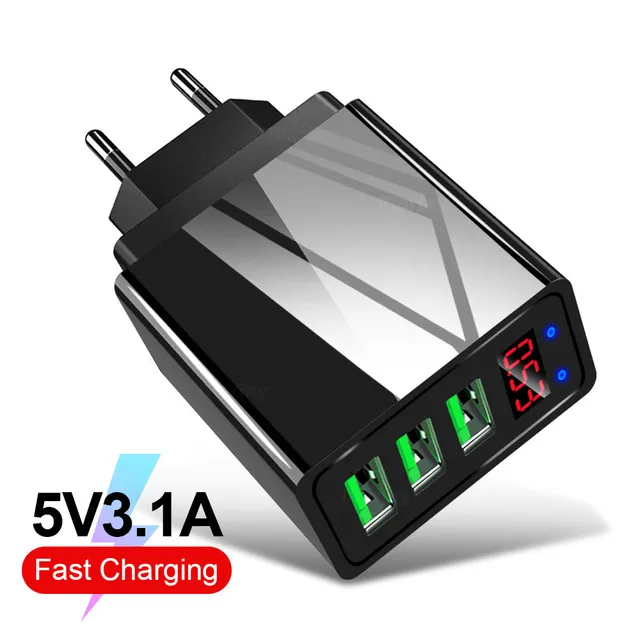 LED Display EU 3 Port USB Charger 3A