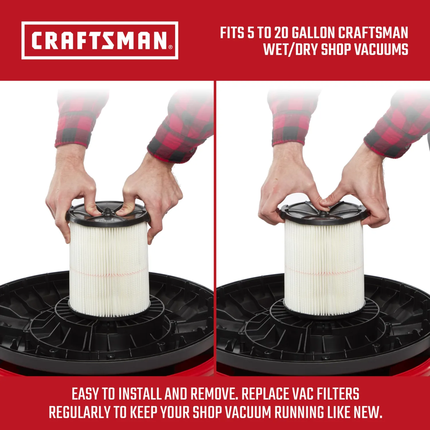 CRAFTSMAN CMXZVBE38754 Genuine General Purpose Wet Dry Vac Replacement Vacuum Filter for Most 5 to 20 Gallon CRAFTSMAN Shop Vacuums, Easy Installation and Traps General Debris
