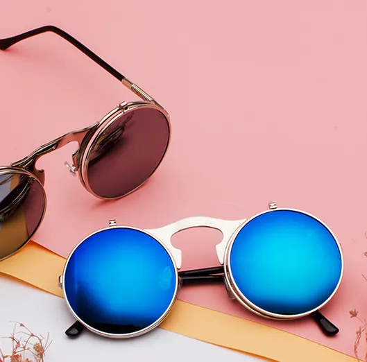 Retro Metal Steampunk Flip Sunglasses Round Frame