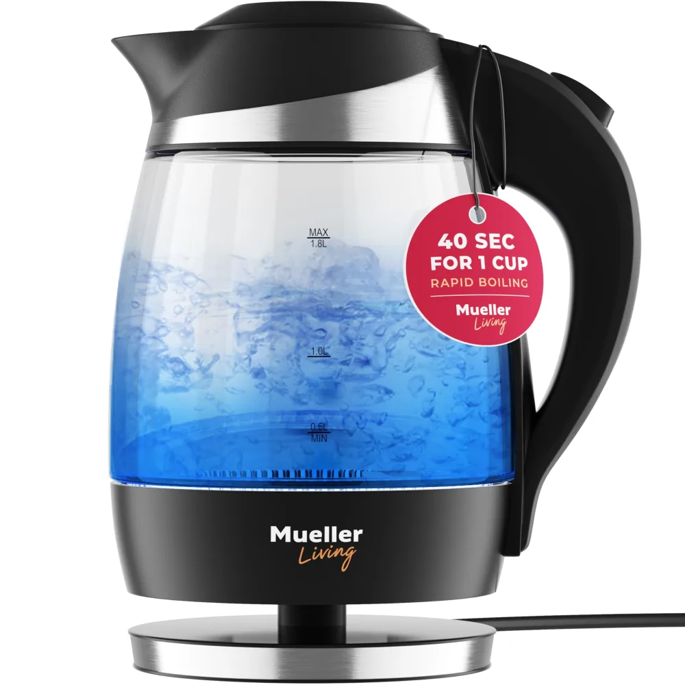 Mueller Living Electric Kettle, Electric Tea Kettle for Boiling Water, 1500W SpeedBoil Teach Automatic Shutoff, 1.8L Cordless with LED Light, Borosilicate Glass Tea Kettle Pot Water Heater, BPA Free