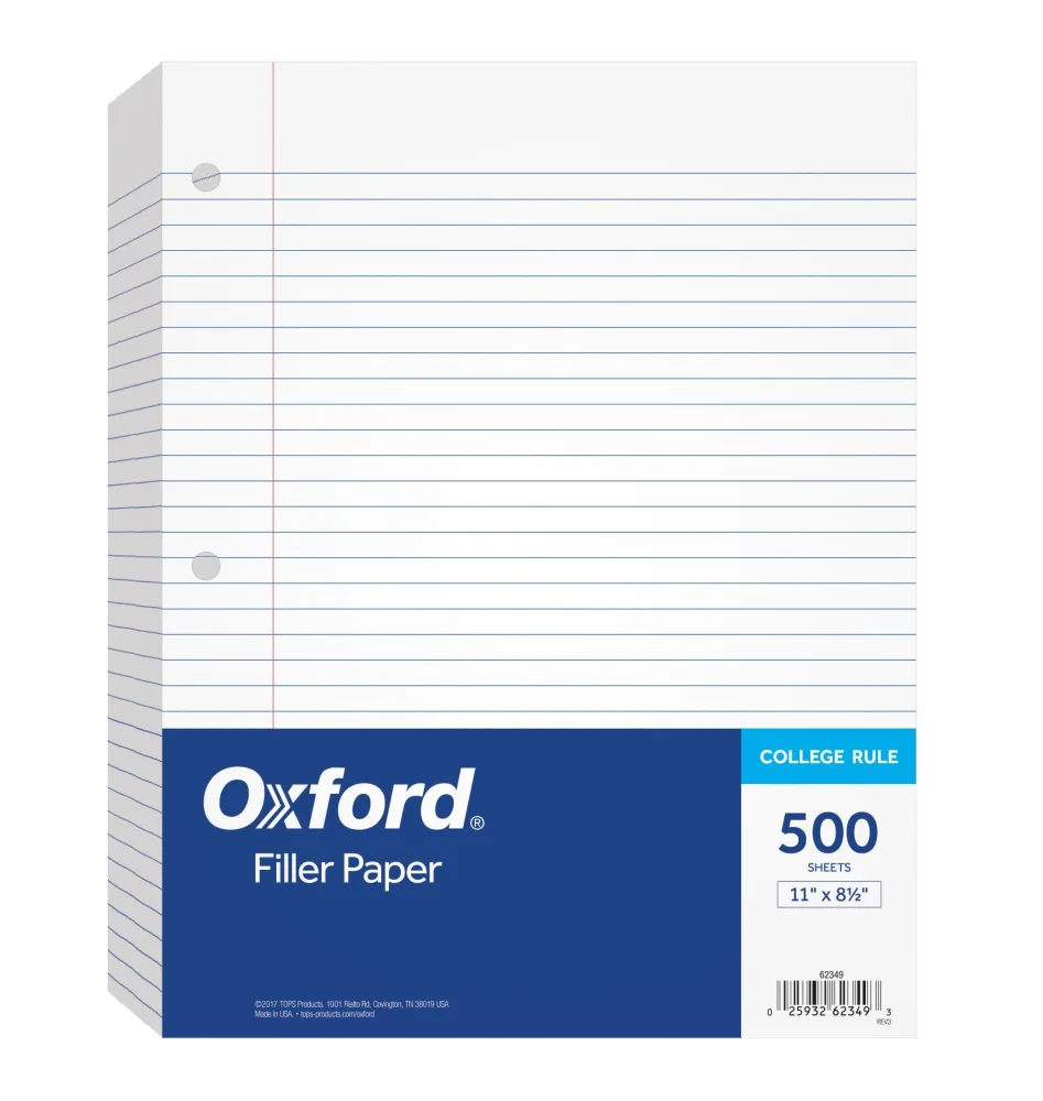 Oxford Loose Leaf Paper, Filler Paper, Notebook Paper, 8-1/2" x 11", College Rule, 3-Hole Punched, Paper for 3-Ring Binders, 500 Sheets Per Pack (62349)