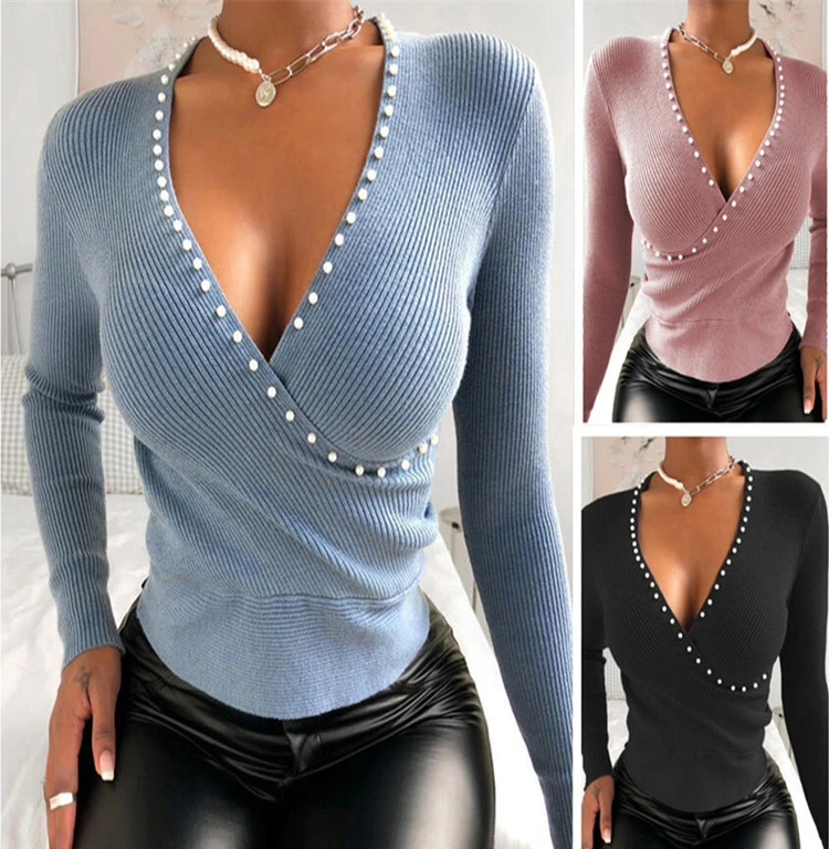 Long Sleeve V-neck Slim Pearl Sexy Women's Knitwear