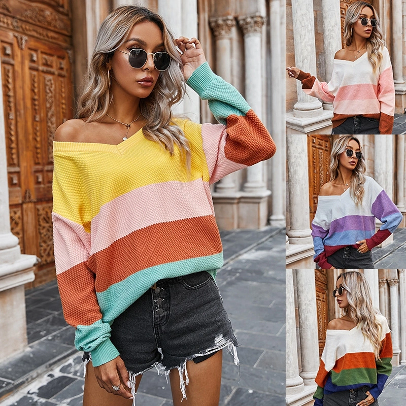Autumn Strapless Splicing Lady Striped Sweater