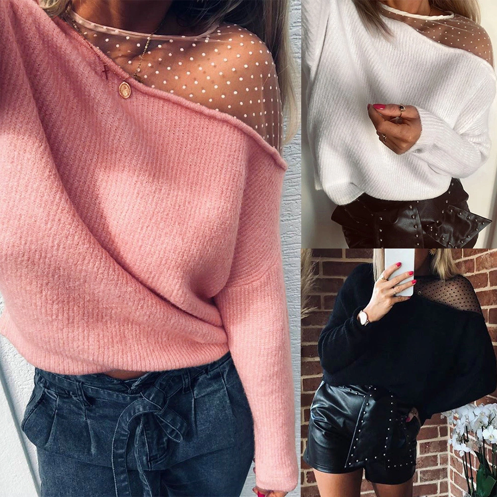 Round Neck See-Through Off-Shoulder Loose Casual Top