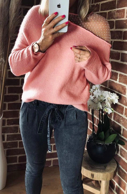 Round Neck See-Through Off-Shoulder Loose Casual Top