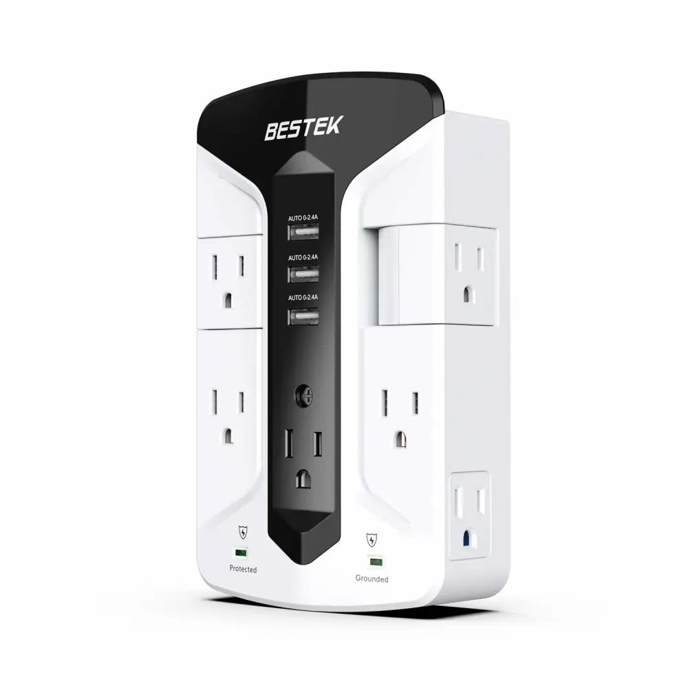 BESTEK 7-Outlet Wall Tap Surge Protector Power Strip with Swivel Outlets, 3 USB Charging Ports, 900 Joule Surge Suppression, Top Phone Holder