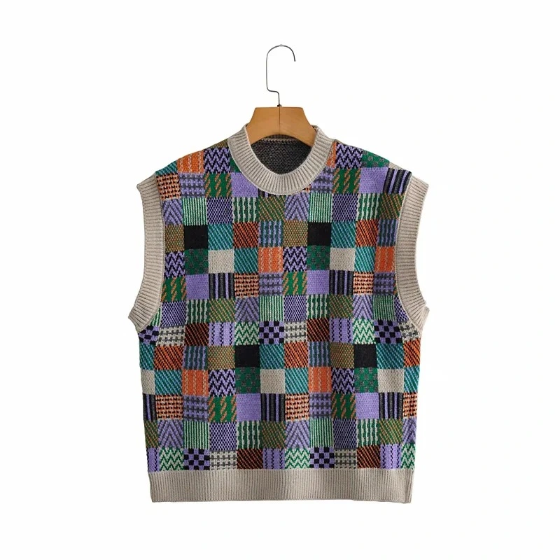 Retro Check Knitted Color Round Neck Sleeveless Vest