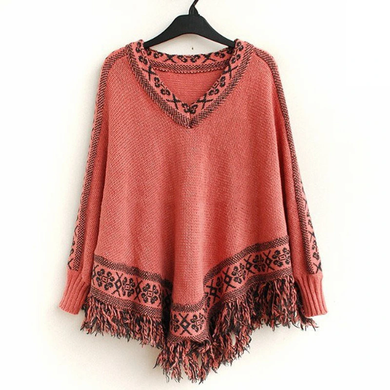 Fringed Cape Jacket With Hem Solid Color Sweater Shawl Sweater