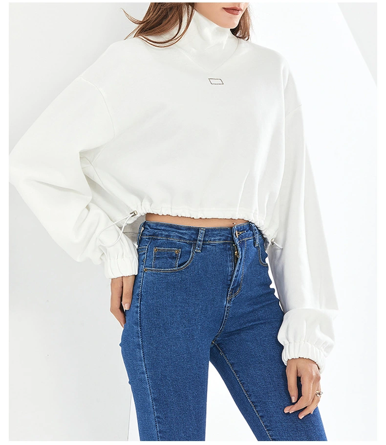 New Solid Color Stand-up Collar Hem Elastic Waist Top Sexy Short Umbilical Cropped Sweater