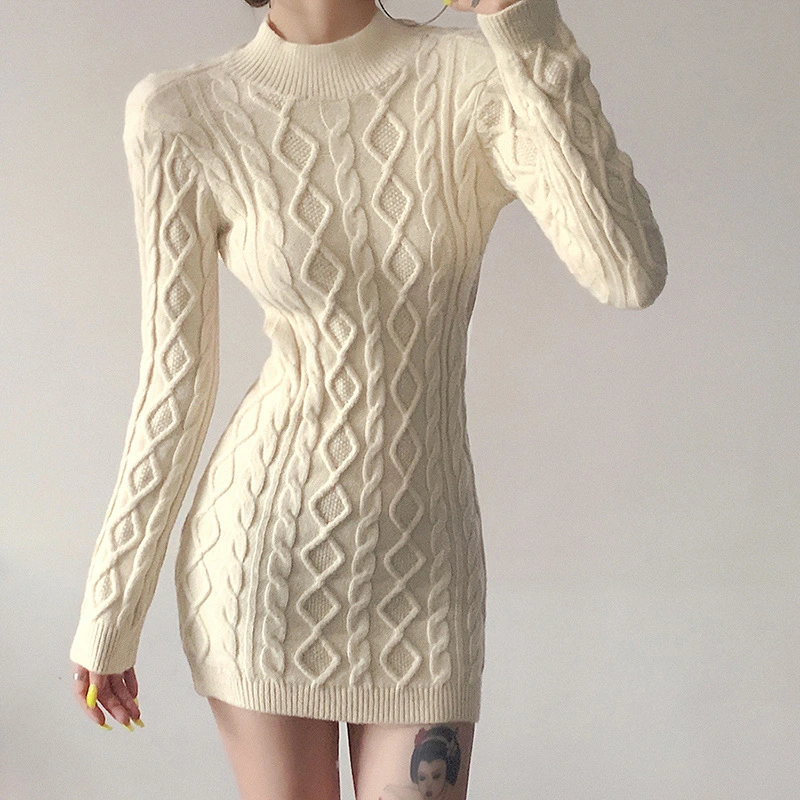 Women's Long Sleeve Round Neck Slim Knitted Knit Dress
