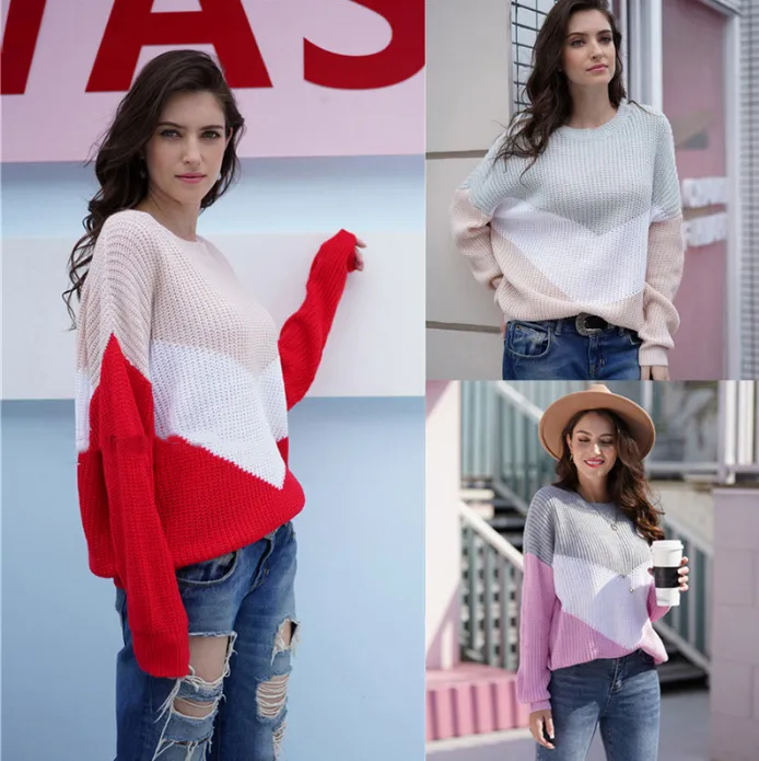 Fashion Women's Long-sleeved Loose Stitching Knit Sweater