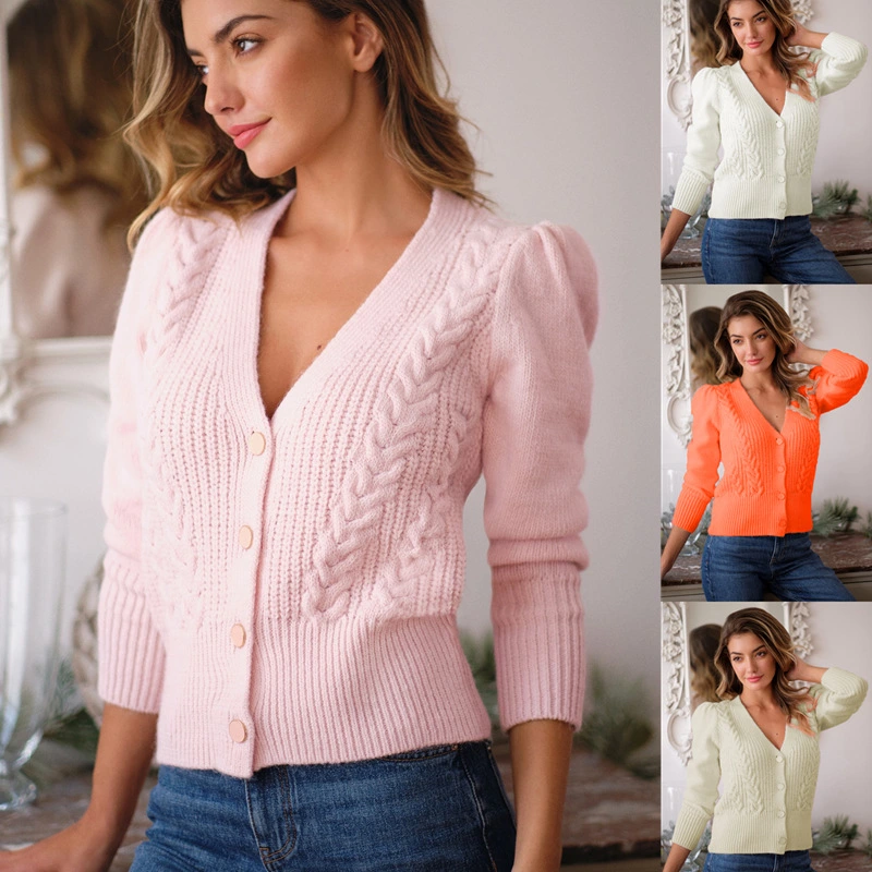 Button Sweater V-neck Twist Long Sleeves
