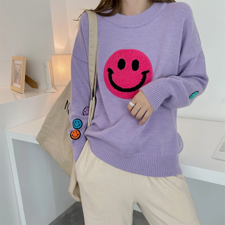Sweater Female Heavy Industry Towel Embroidered Colorful Face Patch Soft Pullover