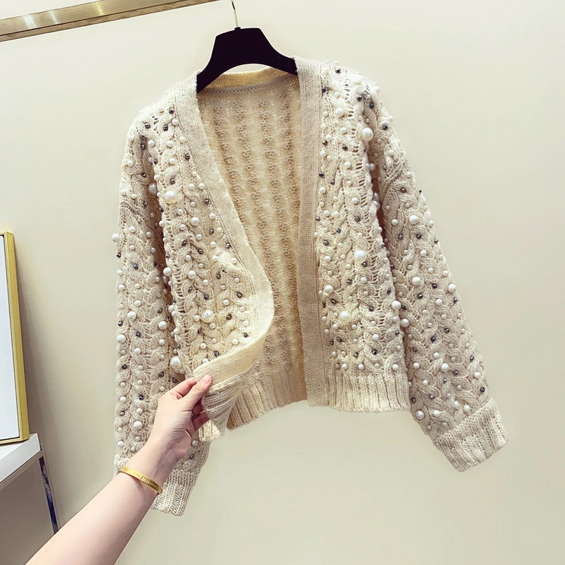 Thick thread twist knit cardigan V-neck
