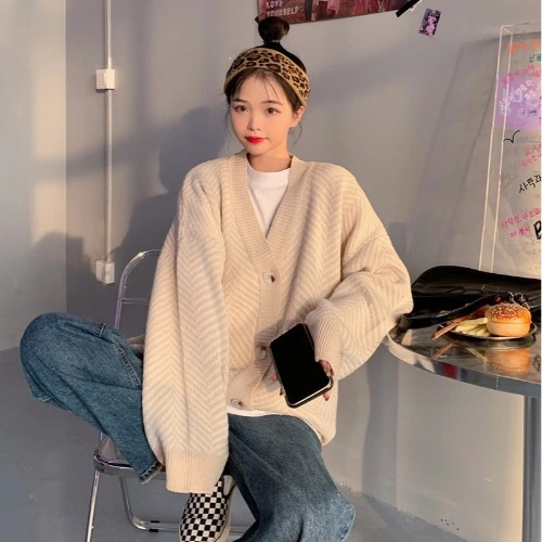 Lazy style loose coat college style striped sweater