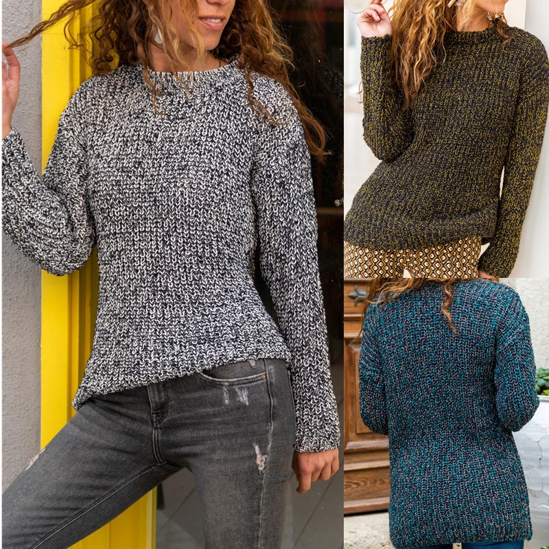 Women's new sweater mixed color knitted casual pullover sweater