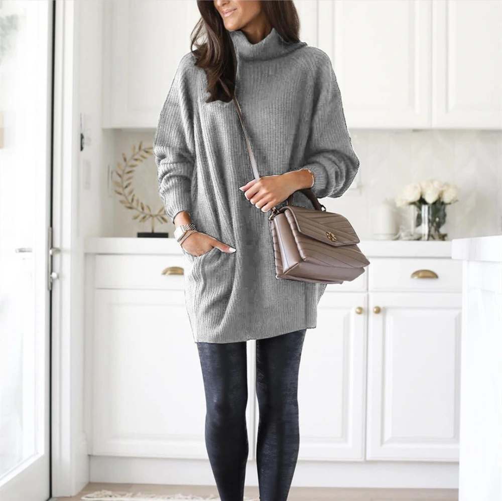 Loose High Neck Pocket Knitted Mid-length Sweater
