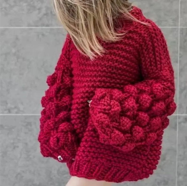 New lazy style loose sweater women's lantern sleeves three-dimensional ball thick stick sweater handmade pullover top