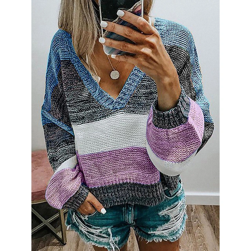 V-neck multi-color stitching striped knitted sweater