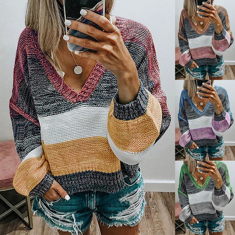 V-neck multi-color stitching striped knitted sweater