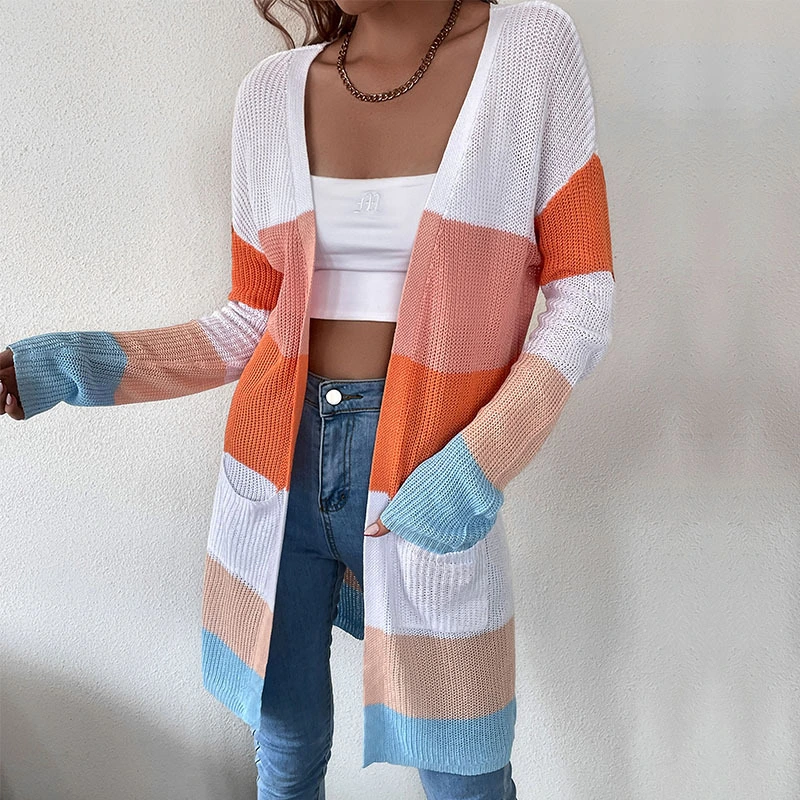 Mid-Length Color-Block Knitted Cardigan Jacket