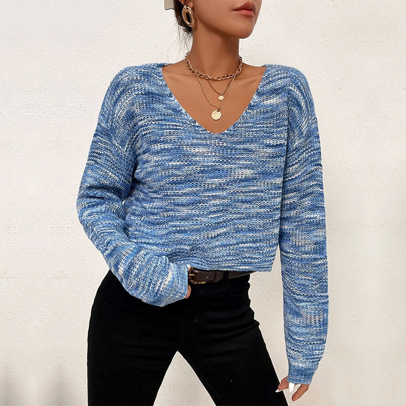 Blue V-Neck Knitted Short Gradient Sweater