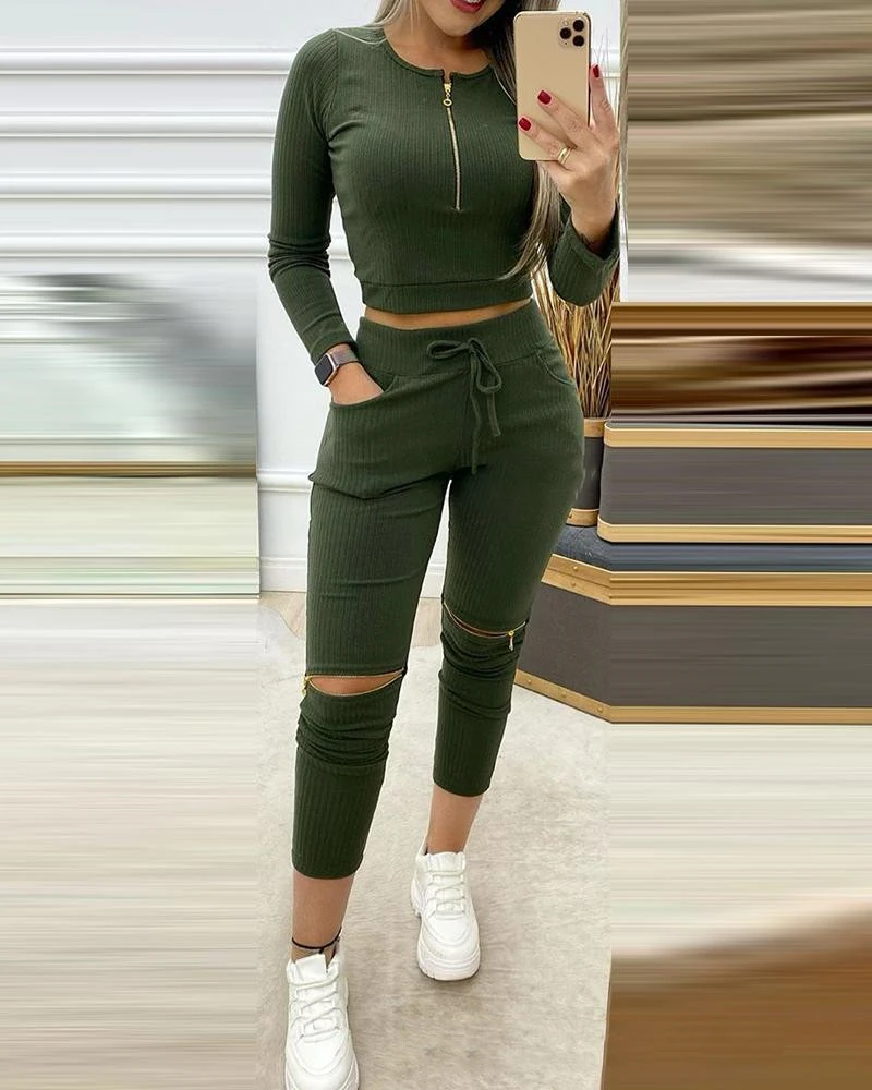Women's Army Green Tight-fitting Zipper Decoration Casual Suit