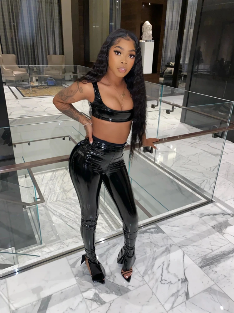 PU Leather Fashion Sexy Split Foot Leather Pants Two Piece Suit