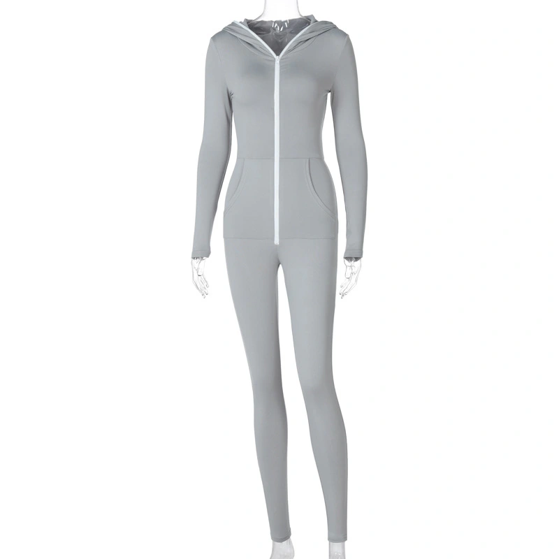 Pure Color Zipper Personality Hooded Sports Fitness Jumpsuit