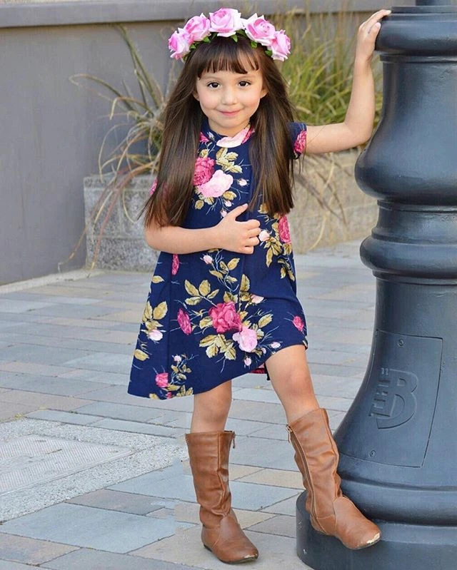 Blue Floral Front Short Back Long Short Sleeve Parent-Child Dress