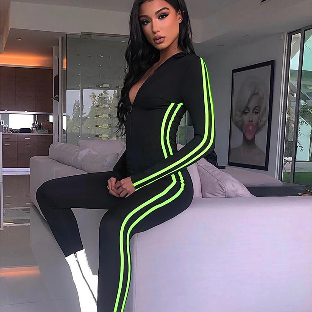 Women's New Stripe Fight Receiving Waist Tight-Fitting Zipper Jumpsuit Trousers