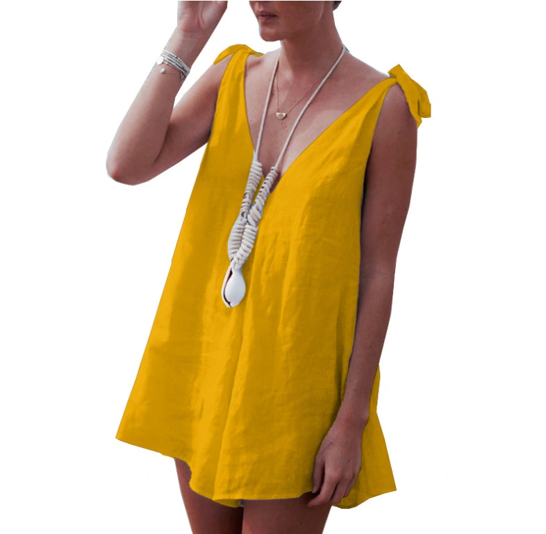 Deep V-neck Sling Wide Loose Cotton And Linen Jumpsuit