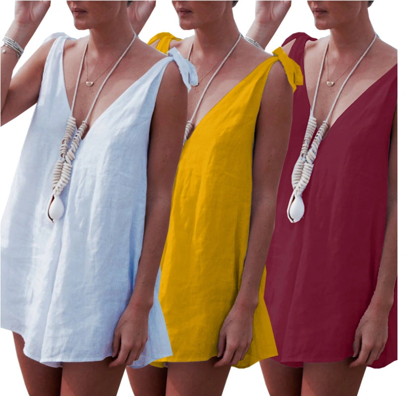 Deep V-neck Sling Wide Loose Cotton And Linen Jumpsuit