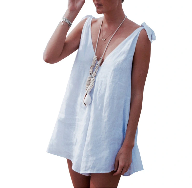 Deep V-neck Sling Wide Loose Cotton And Linen Jumpsuit