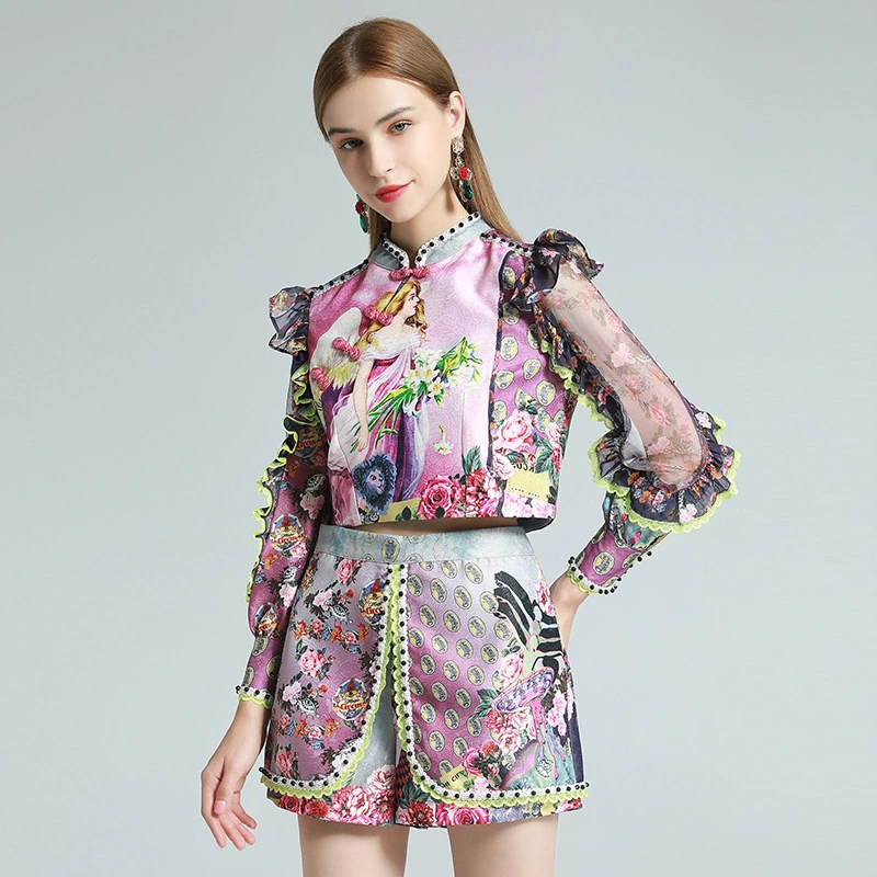 Printed Disc Buckle Net Guze Woden Ear Sorts Suit