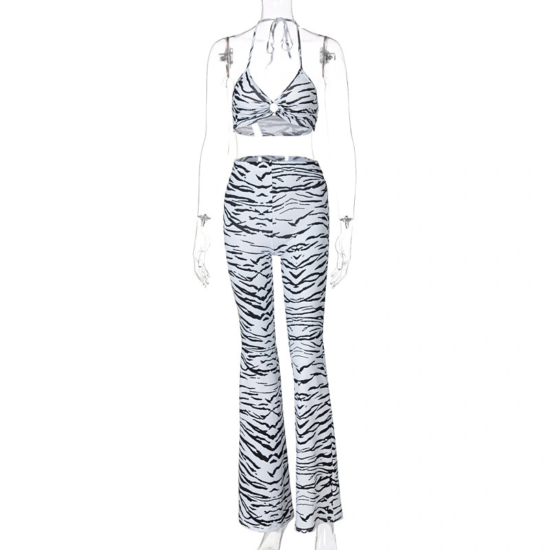 Striped Printed Lace-up Top Casual Wide-leg Trousers Suit