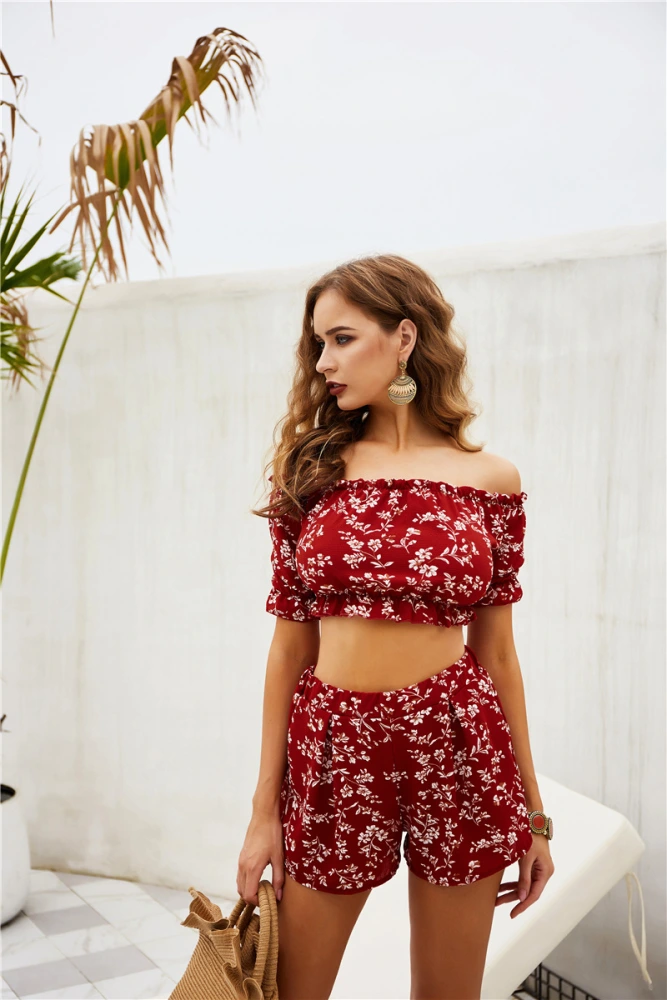 Real Shooting Two Piece Off Shoulder Chest Wrapped Shorts Printing Set Spring New Product
