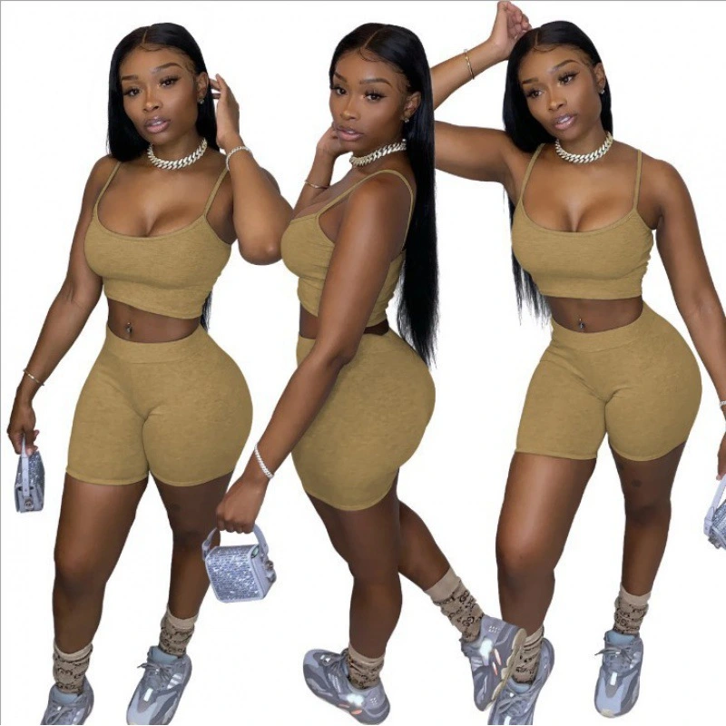 New Women's Solid Color Camisole Cycling Pants Set