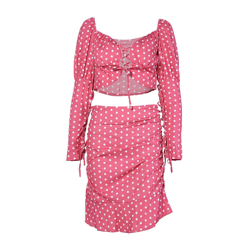 Cross-lace Cutout Breast Wrap Top Polka Dot Pleated Skirt Suit