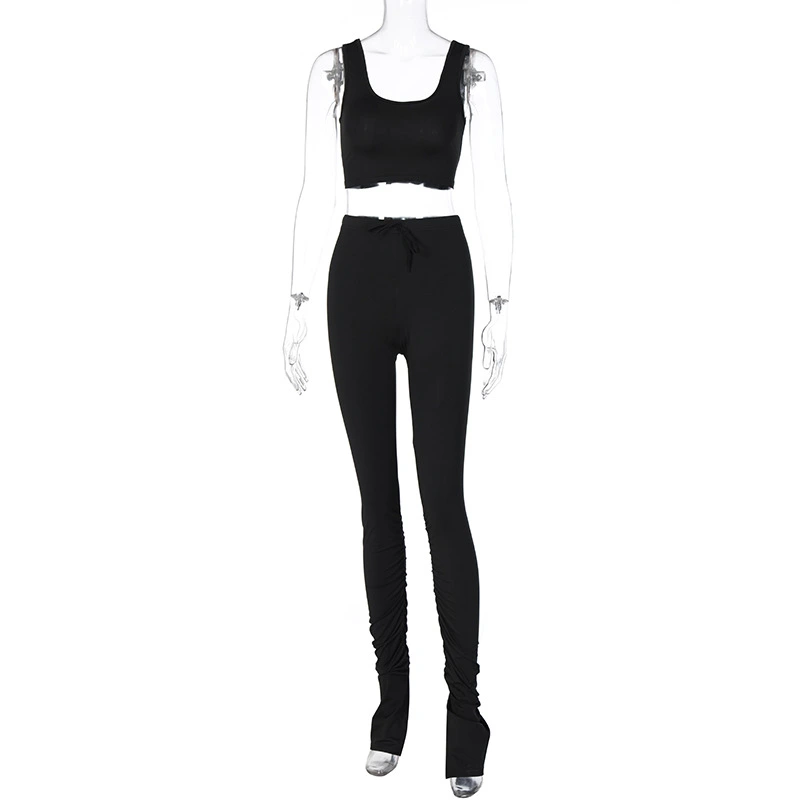 Womens Two Piece Matching Set Cropped Top With Stacked Pants