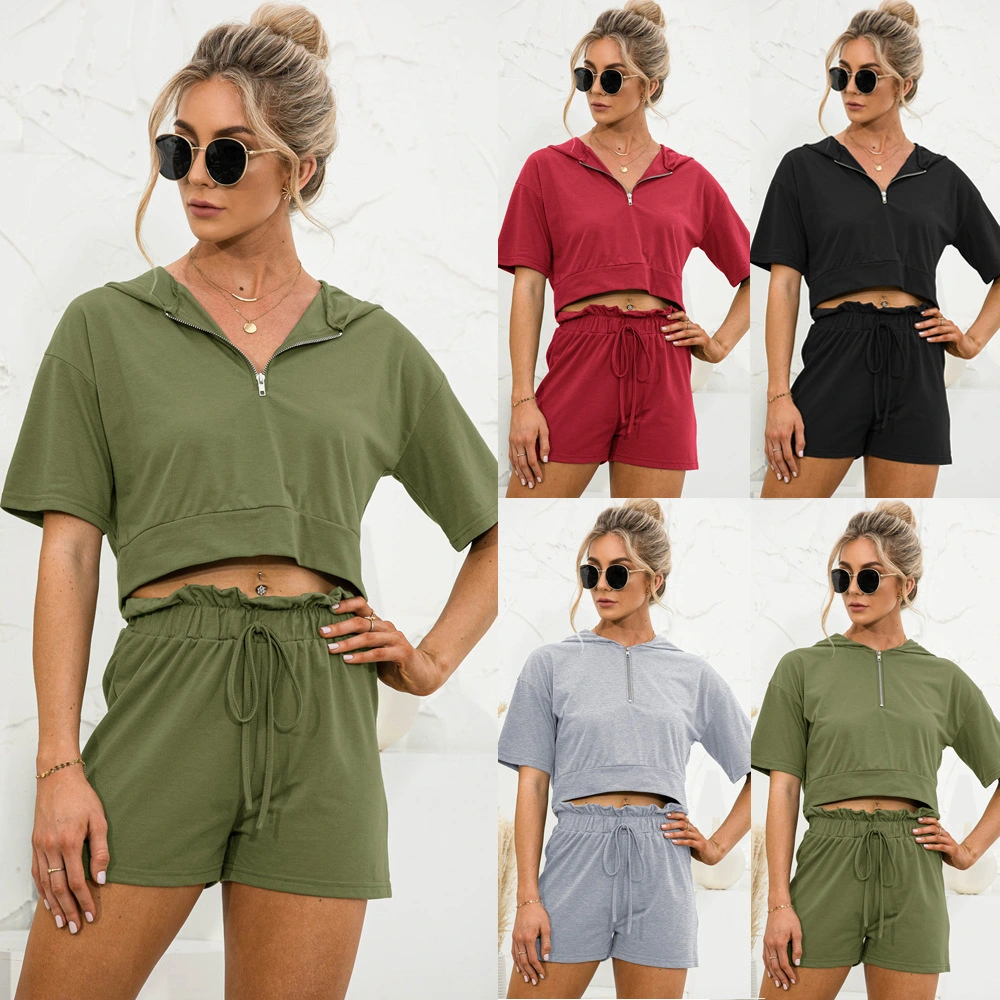 Summer New Product Solid Color Hooded Zipper Shorts Casual Suit