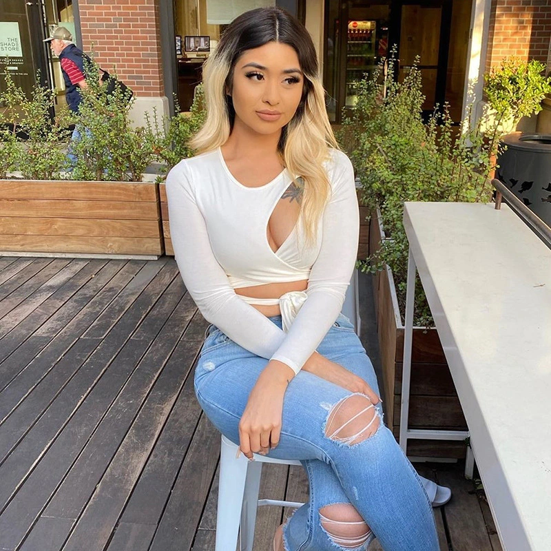 Summer New European And American Top Women's Short Thin Bottomed Shirt Solid Color Hollow Strap Slim T-shirt Wholesale