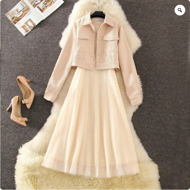 Temperament Fashion Mesh Dress Jacket Two-piece Suit