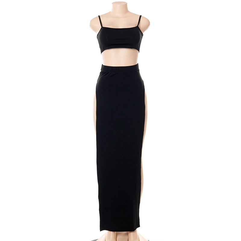 Cryptographic Fashion Split Sexy Camis Crop Top and Skirts Two Piece Matching Set Outfits Sleeveless Backless Women's Set Summer