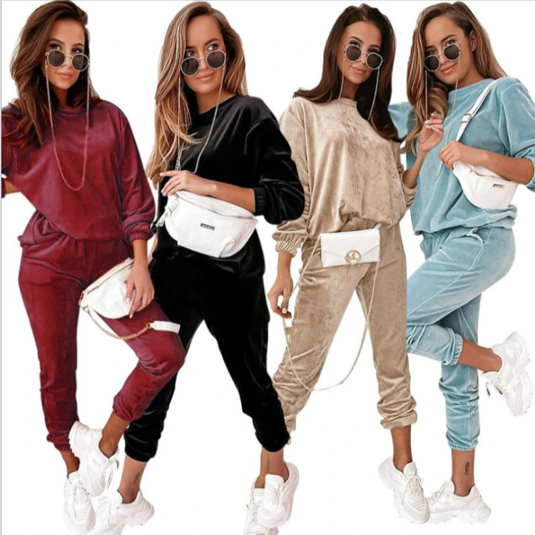Pure Color Gold Velvet Round Neck Long-Sleeved Trousers Casual Suit Women